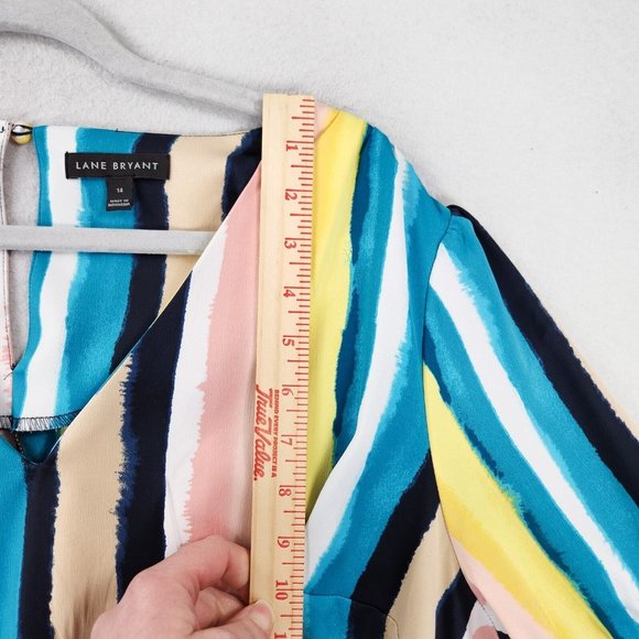 Lane Bryant Shirt Women 14 Pink Blue Colorful Striped Belted Satin Blouse Career - Picture 5 of 11